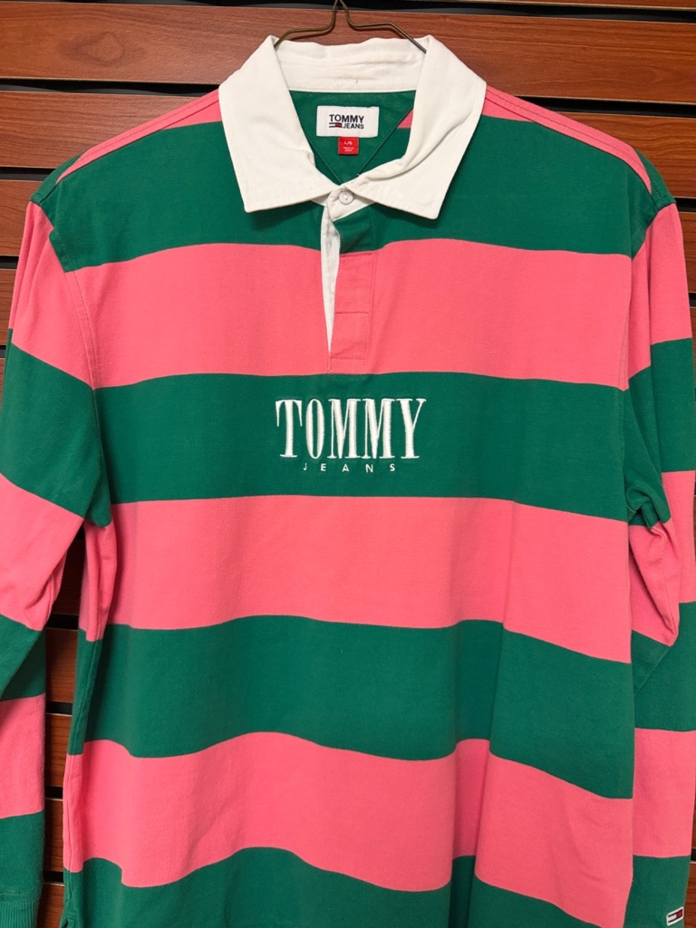 Tommy Hilfiger Green, Pink & White Striped Rugby Polo